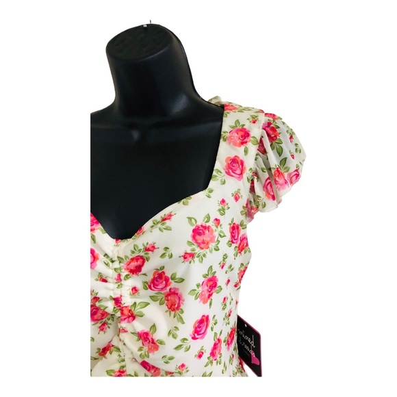 Black pink purple‎ floral peplum shirred front heart neckline blouse size large - Picture 11 of 14